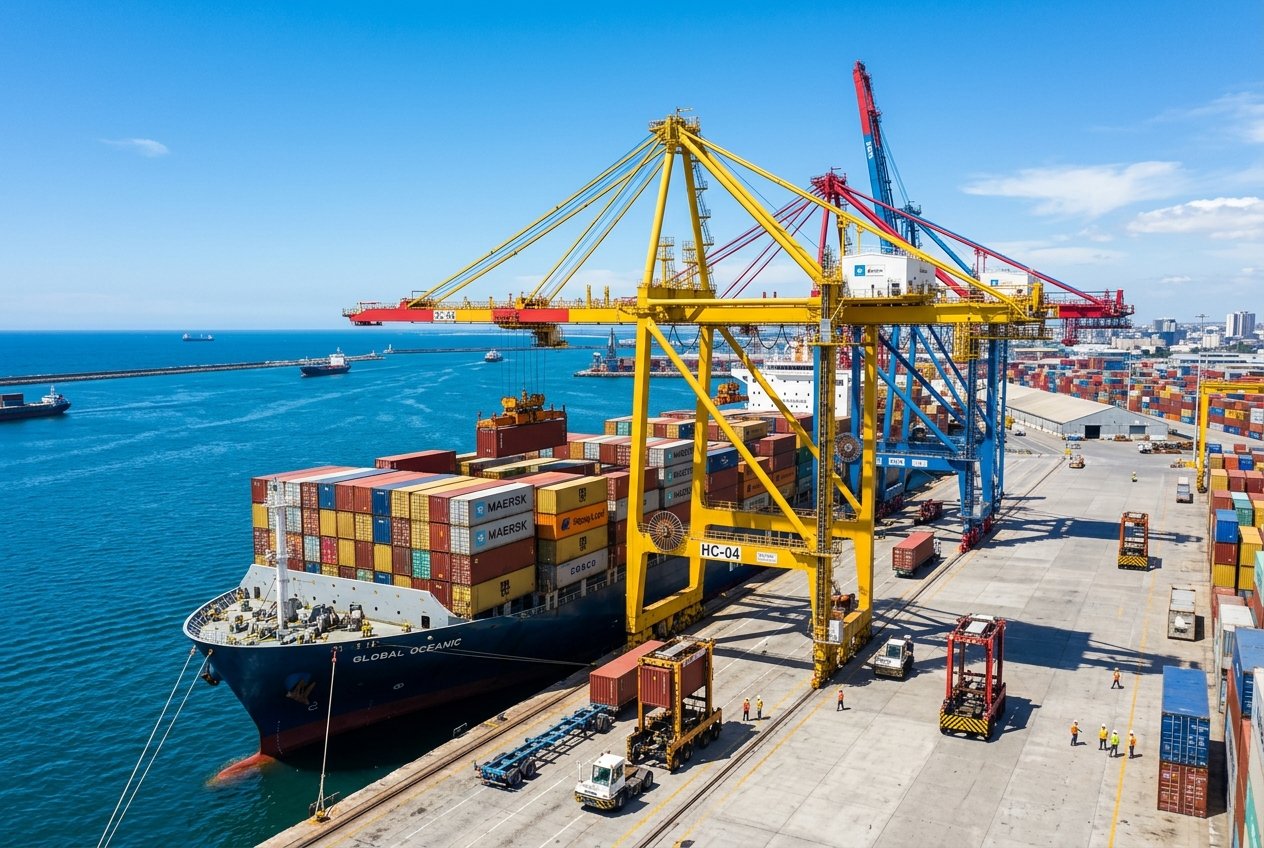 Harbor Cranes and Container Ship